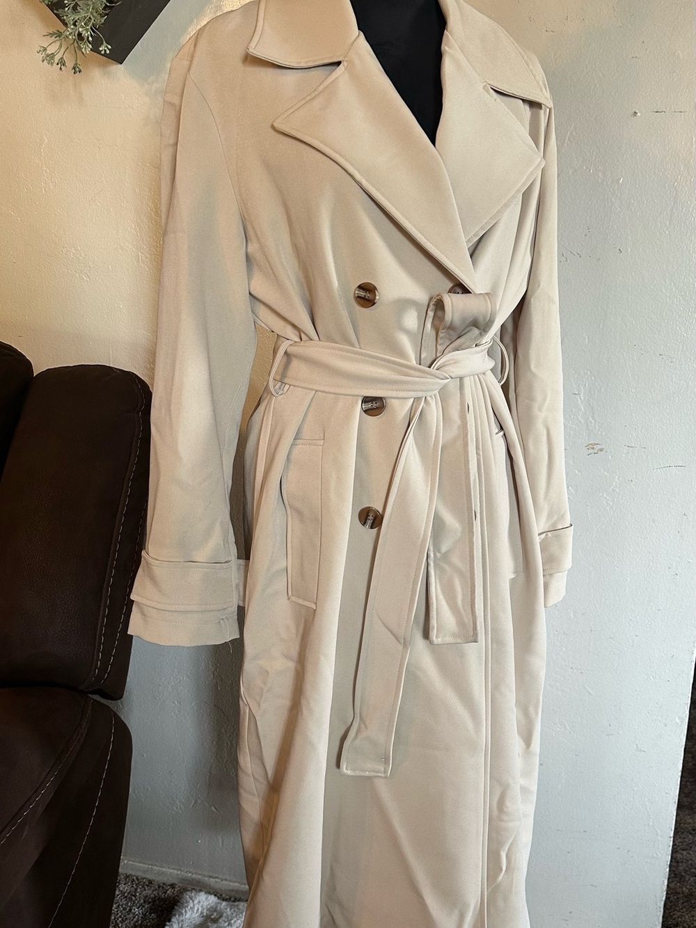 bagatelle Cream Double-Breasted Trench Coat with Tie Belt